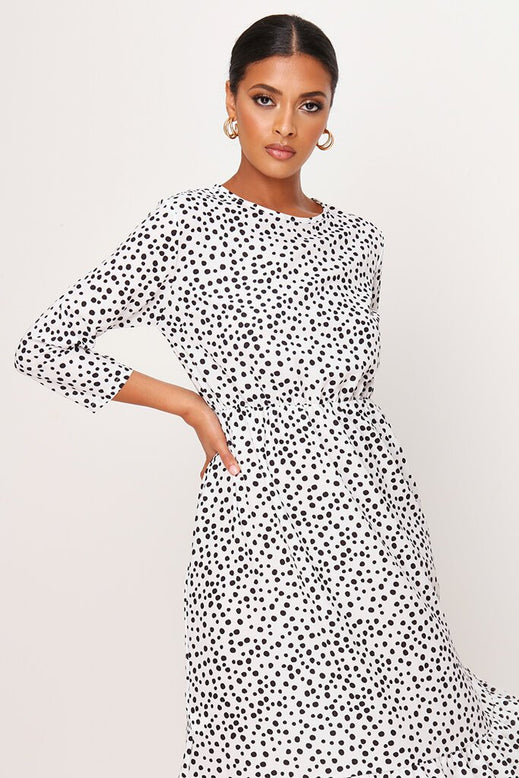 White Woven Polka Dot Frill Hem Midi ...